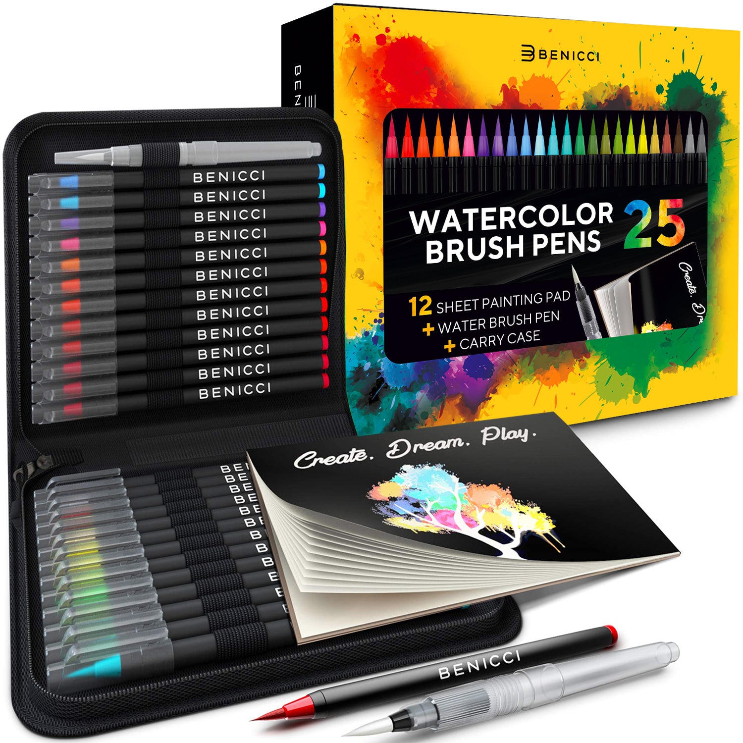 Prediken Commandant jas Watercolor Brush Pen Set of 25🌈Amazing Colors — Paint Pens with Pad and  Carry Case - Benicci