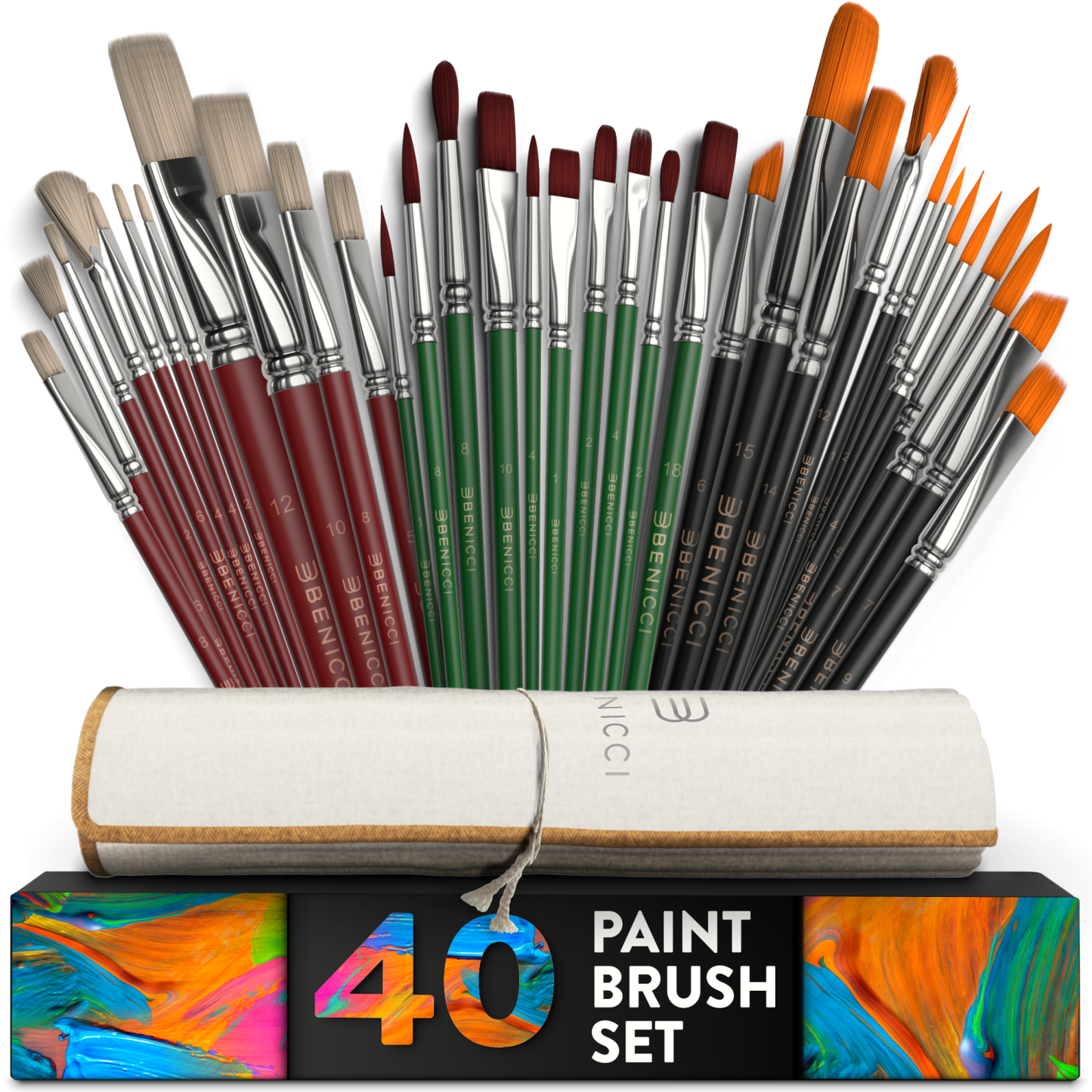 Easy Grip 40 Piece Artist Paint Brush Set with Storage Case - Includes Round and Flat Art Brushes with Hog, Pony, and Nylon Hair Bristles