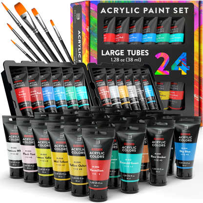Premium Quality Acrylic Paint Set 24 Colors - (1.28oz, 38ml) - with 6 –  Benicci