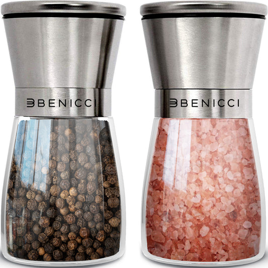 Beautiful Stainless Steel Salt and Pepper Grinder Set of 2 - Pepper Mill & Salt Mill with Adjustable Coarseness - Glass Spice & Salt Shakers - Easy Clean Ceramic Grinders w/ Spoon & Cleaning Brush