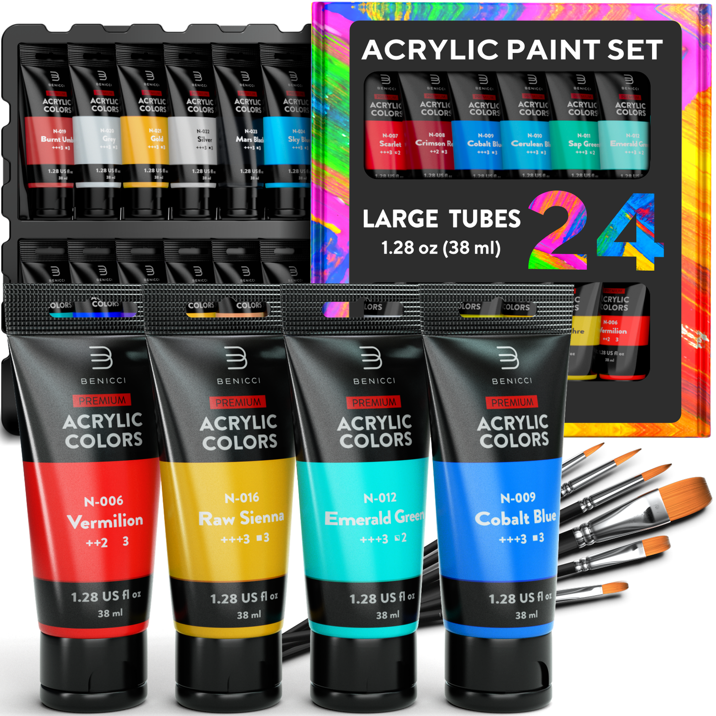 Premium Quality Acrylic Paint Set 24 Colors - (1.28oz, 38ml) - with 6 Nylon Brushes - Safe for Kids & Adults - Perfect Kit for Beginners, Pros & Artists to Create Amazing Paintings and Artwork