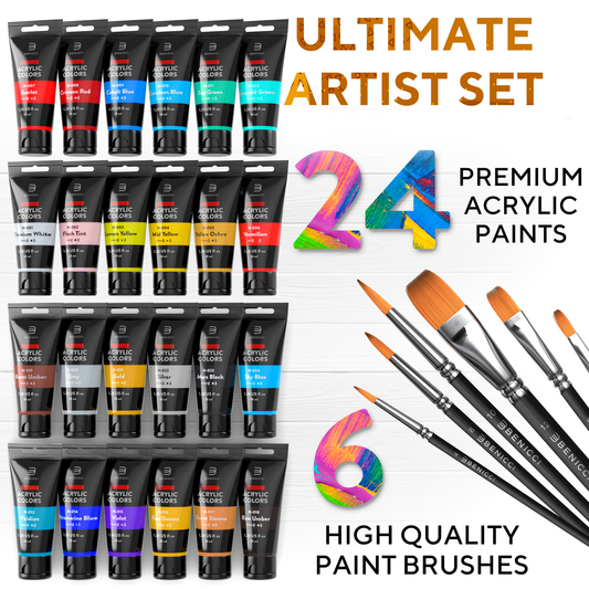 Acrylic Paint Set for Kids, Artists and Adults - 12 Vibrant Colors, 6  Brushes and 3 Paint Canvases - Perfect for Beginners or Professionals