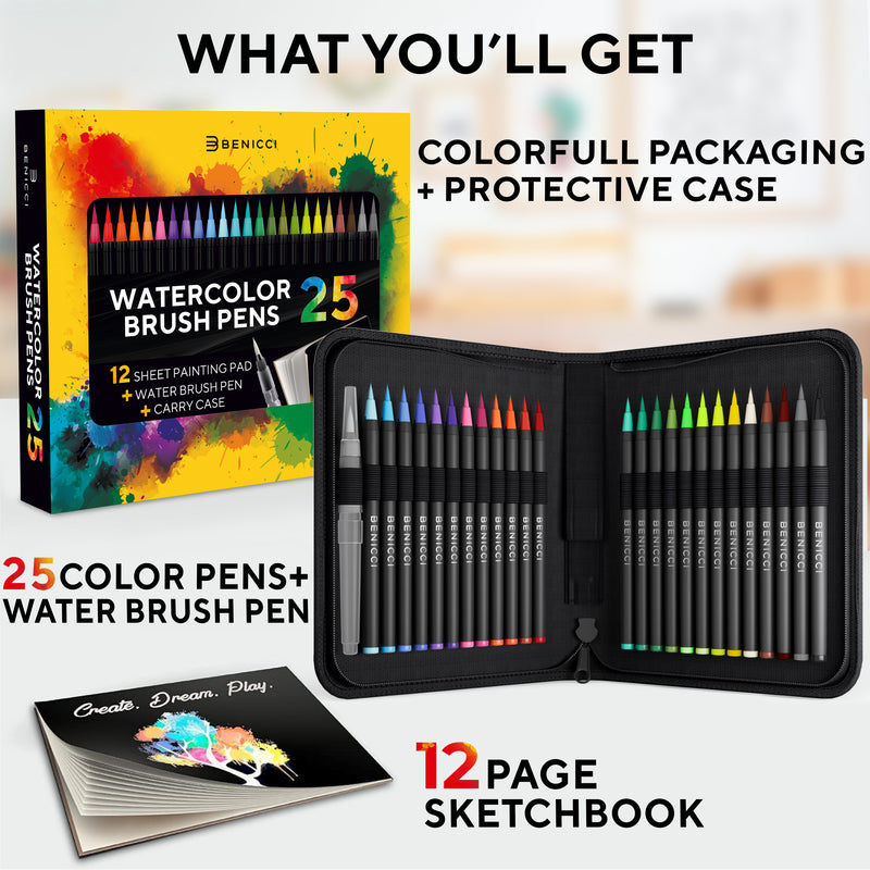 Artist Watercolor Brush Pens Set of 26 – Vibrant Markers with Bonus 1 Water Brush Pen – 25 Colors Flexible Nylon Tips – Paper Pad & Carry Case