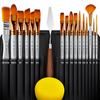 Paint Brush Set of 16 – 15 Different Shapes + 1 Flat Brush – with Pallete Knife and Sponge – Nylon Hair and Ergonomic Non Slip Matte Silver Handles