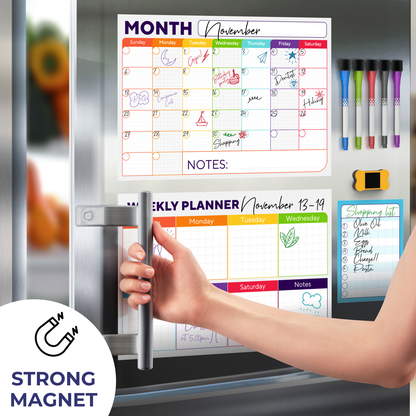 Beautiful Dry Erase Calendar Set of 3 - Magnetic Calendar for Refrigerator w/ Monthly, Weekly Planner & Daily Notepad - Whiteboard Fridge Planning Board - w/ Bonus 5 Premium Markers and Eraser
