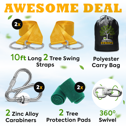 Safe Tree Swing Hanging Kit (Set of 2) - 10ft Long Straps with Two Alloy Carabiners and 2000 Lb Breaking Strength - Easy & Fast Installation for All