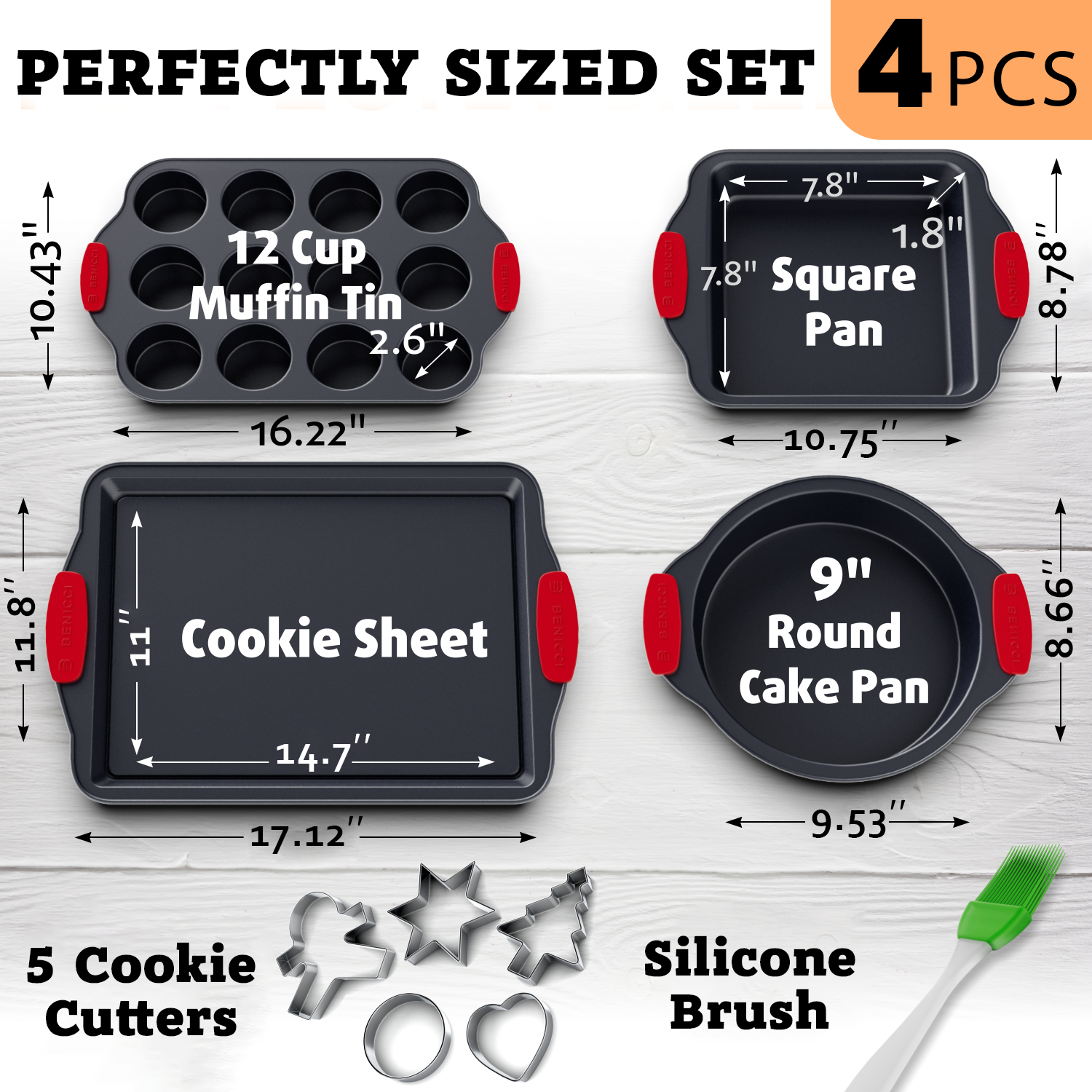 Benicci Premium Non-Stick Baking Sheets Set of 3 - Deluxe PBA Free, Easy to Clean Racks w/ Silicone Handles - Bakeware Pans for Cooking