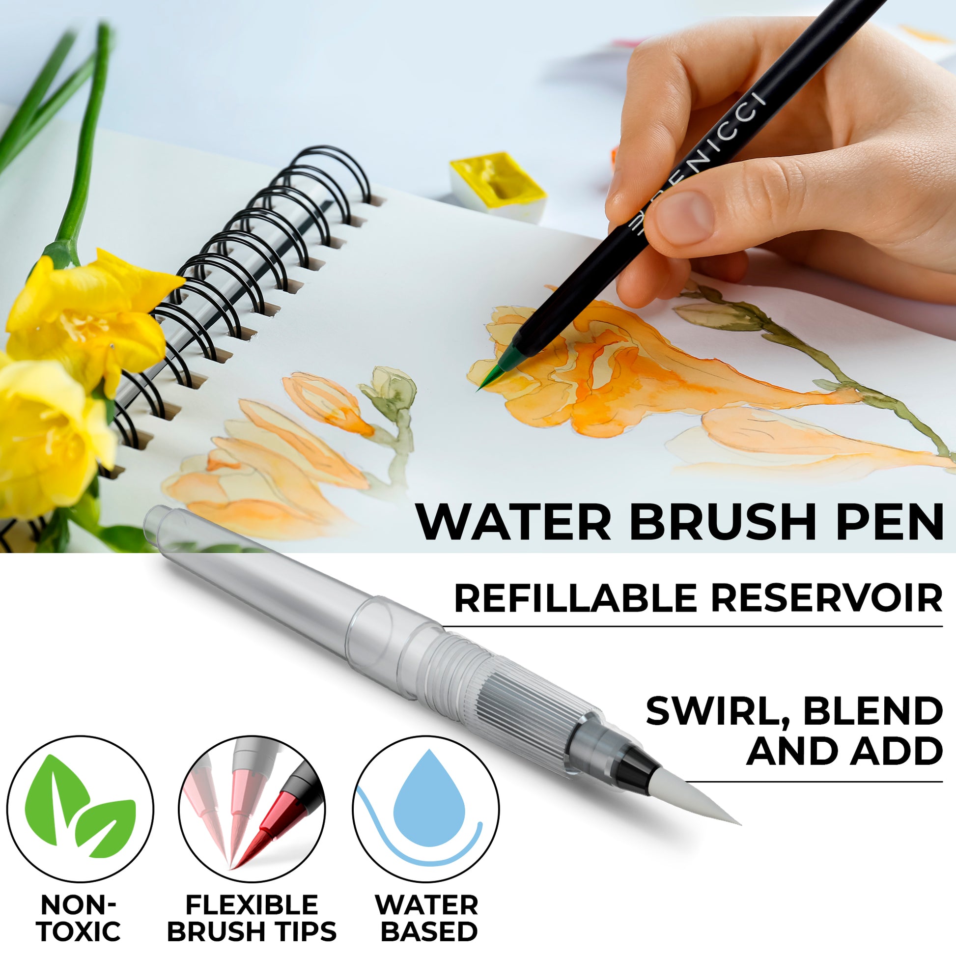  Water Coloring Brush Pens, Set of 6 Watercolor
