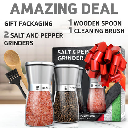 Beautiful Stainless Steel Salt and Pepper Grinder Set of 2 - Pepper Mill & Salt Mill with Adjustable Coarseness - Glass Spice & Salt Shakers - Easy Clean Ceramic Grinders w/ Spoon & Cleaning Brush