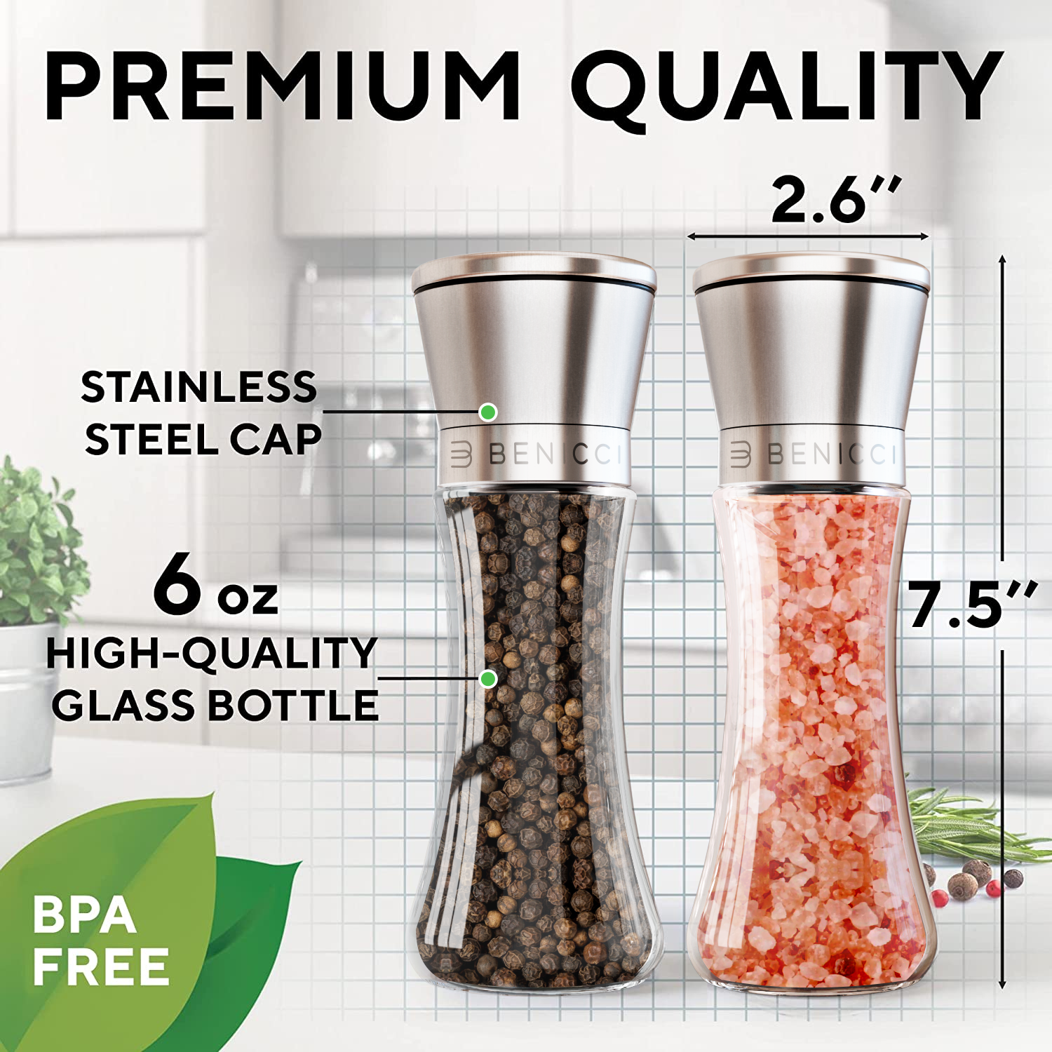 Beautiful Stainless Steel Salt Pepper Grinders Refillable Set