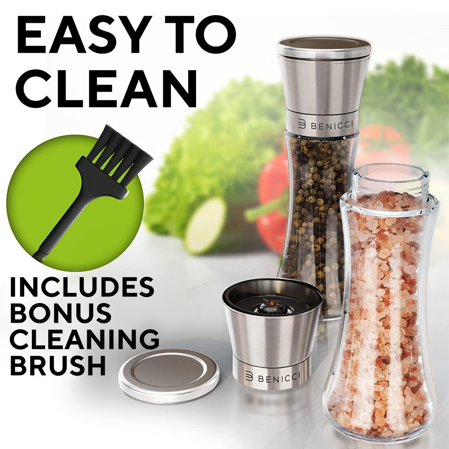 Beautiful Stainless Steel Salt & Pepper Grinders Refillable Set - Two 7 oz Salt / Spice Shakers with Adjustable Coarse Mills - Easy Clean Ceramic Grinders with BONUS Silicone Funnel and Cleaning Brush