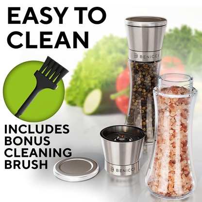 Beautiful Stainless Steel Salt & Pepper Grinders Refillable Set - Two 7 oz Salt / Spice Shakers with Adjustable Coarse Mills - Easy Clean Ceramic Grinders with BONUS Silicone Funnel and Cleaning Brush
