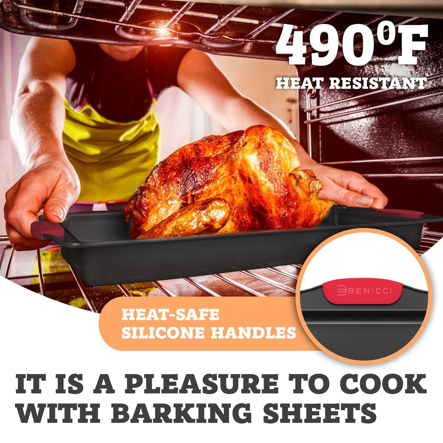 Premium Non-Stick Baking Sheets Set of 3 - Deluxe PBA Free, Easy to Clean Racks w/ Silicone Handles - Bakeware Pans for Cooking Baking Roasting