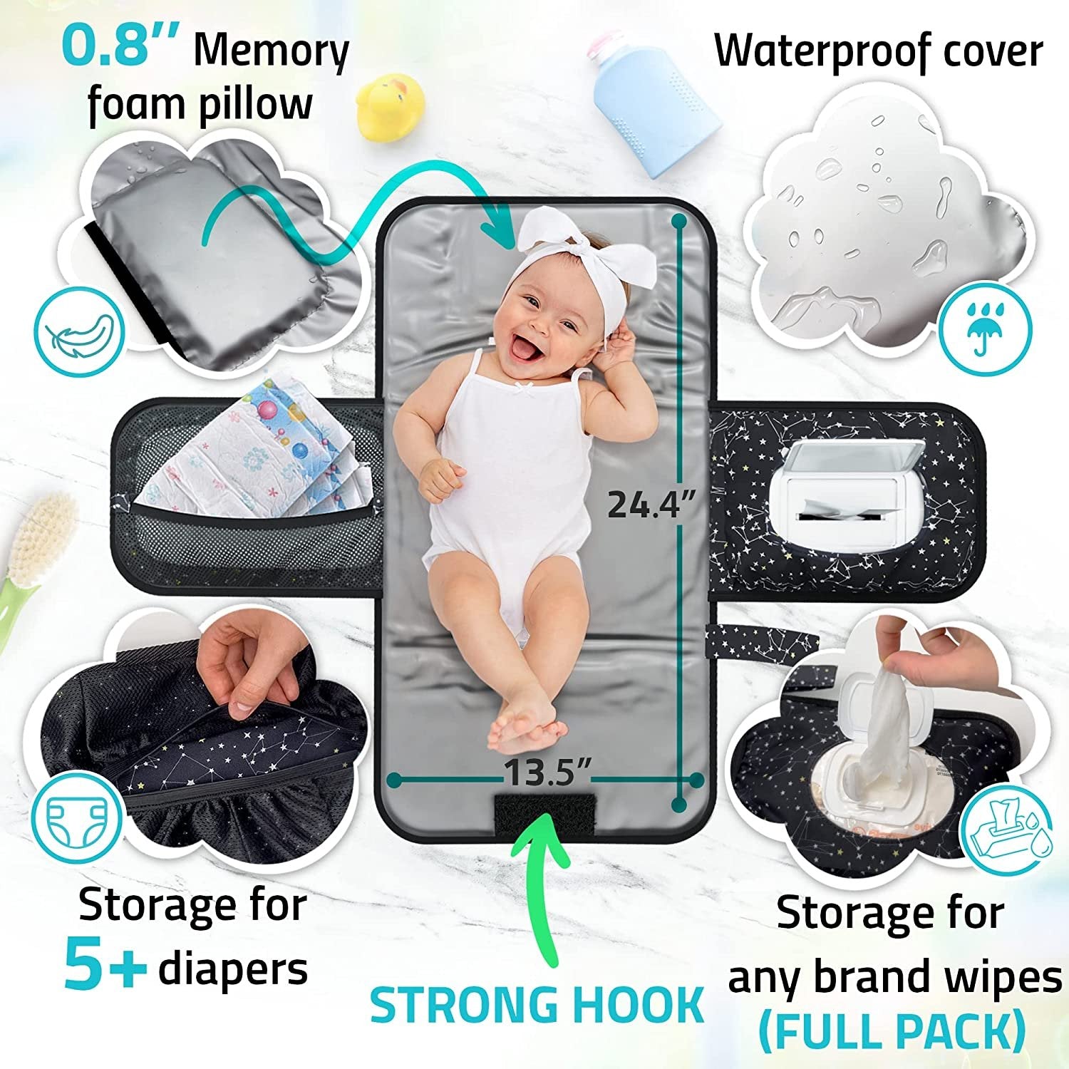 Portable Baby Diaper Changing Pad - w/ Soft Built-in Pillow